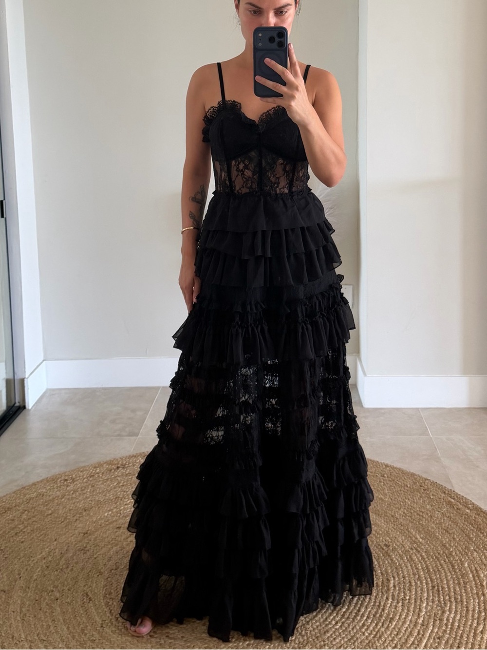 Reclaimed Vintage Black Lace Tiered Ruffle Evening Dress